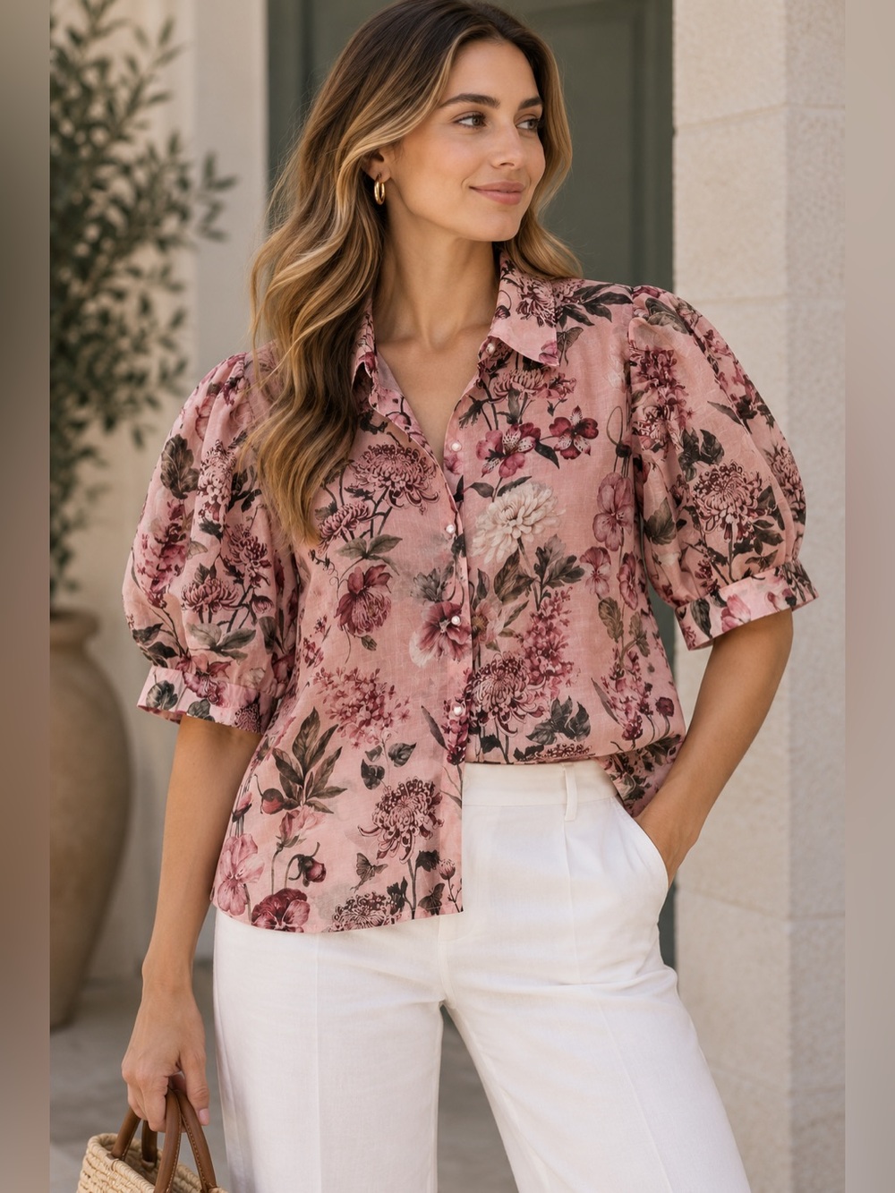 Light Pink Floral Short-Sleeve Button Front Blouse by Lucky Brand